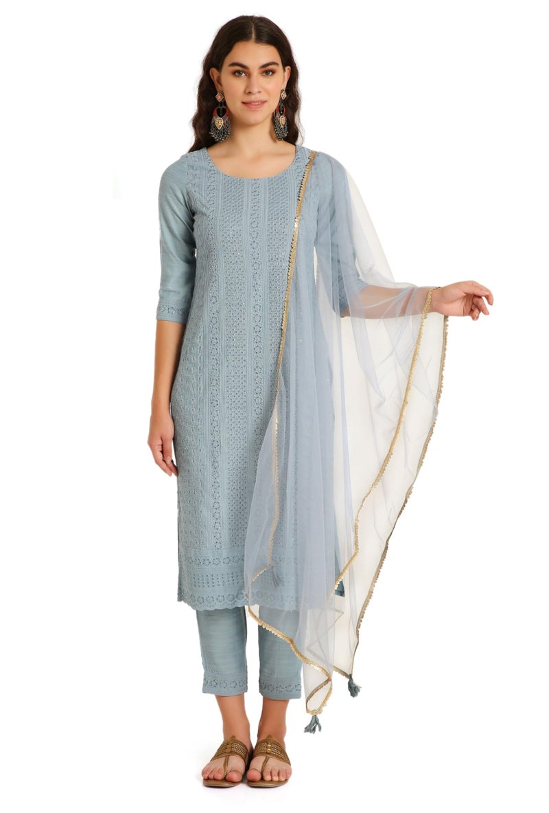 SHOPPING QUEEN Women's Silk Chikankari Kurta Pant Set with Dupatta (A522_Sky Blue_M) - Image 1