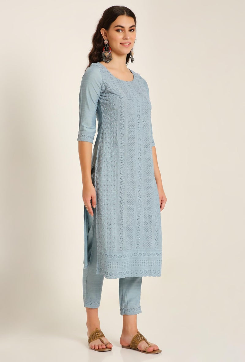 SHOPPING QUEEN Women's Silk Chikankari Kurta Pant Set with Dupatta (A522_Sky Blue_M) - Image 4
