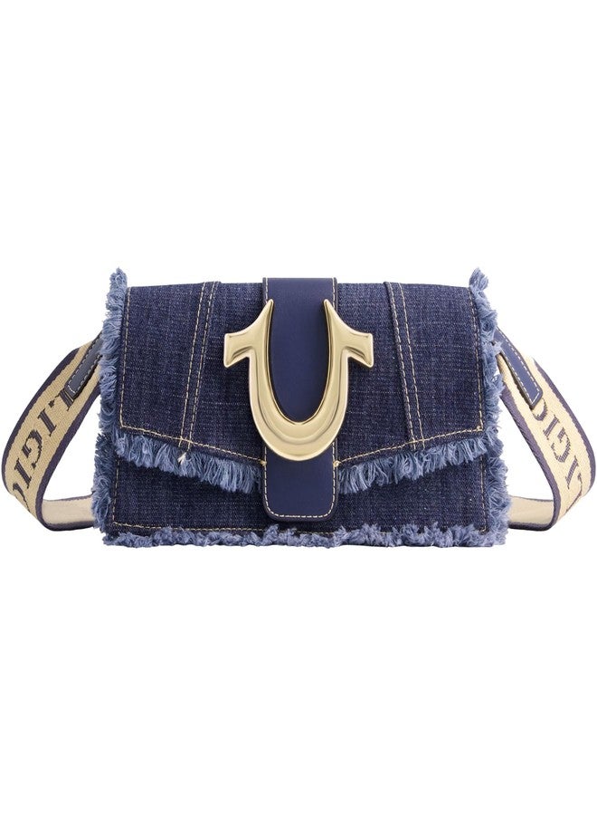 True Religion Women's Shoulder Bag Purse, Frayed Denim Mini Flap Crossbody Handbag with Horseshoe Logo, Denim - Image 1