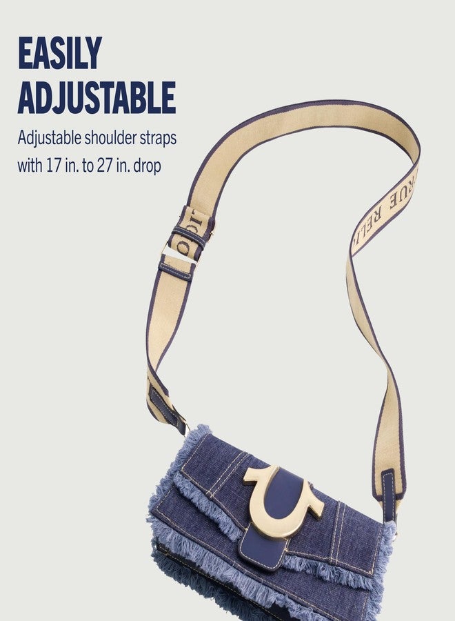 True Religion Women's Shoulder Bag Purse, Frayed Denim Mini Flap Crossbody Handbag with Horseshoe Logo, Denim - Image 4