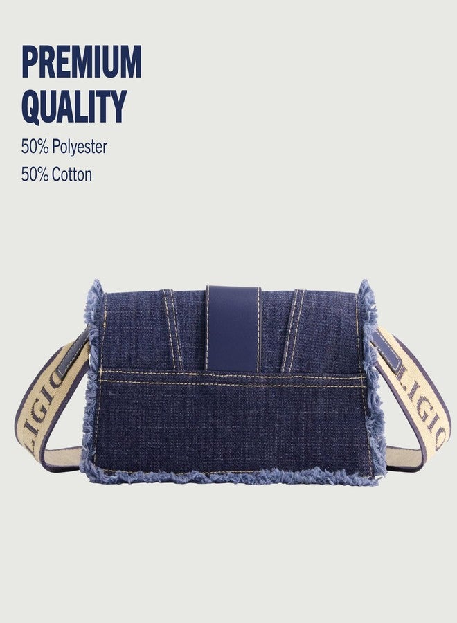 True Religion Women's Shoulder Bag Purse, Frayed Denim Mini Flap Crossbody Handbag with Horseshoe Logo, Denim - Image 5