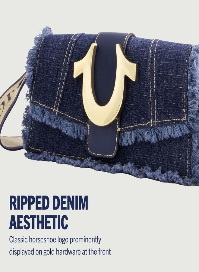 True Religion Women's Shoulder Bag Purse, Frayed Denim Mini Flap Crossbody Handbag with Horseshoe Logo, Denim - Image 3