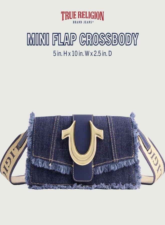 True Religion Women's Shoulder Bag Purse, Frayed Denim Mini Flap Crossbody Handbag with Horseshoe Logo, Denim - Image 2