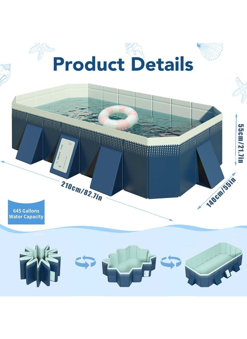 Foldable Swimming pool, non inflatable swimming pool, outdoor family square swimming pool, rectangular above ground swimming pool, with drain plugs and holes, easy to assemble（2.1m）