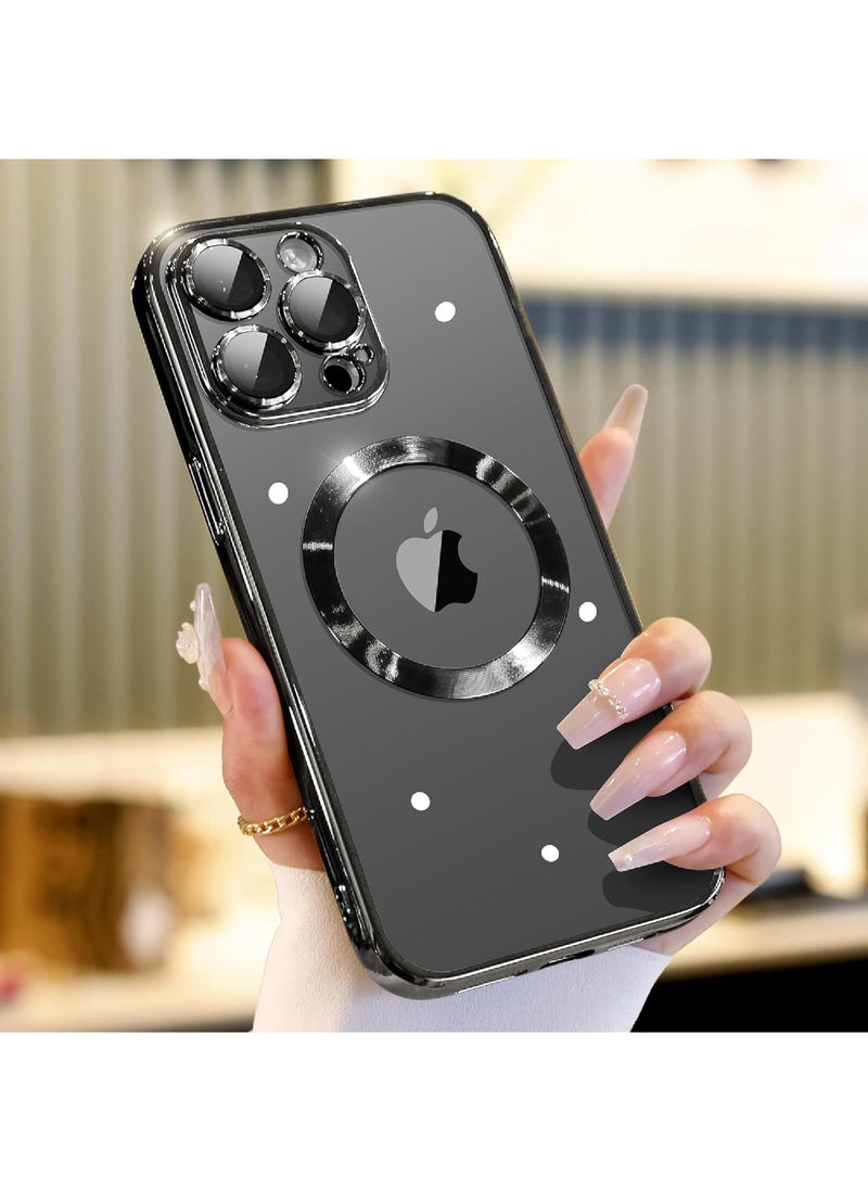 Rock Pow - For iPhone 15 Pro Max Case with Integrated Camera Lens Protection [Seamless Work with Magsafe] [Metallic Glossy Soft Bumper] Diamond Clear Stylish Case for iPhone 15 Pro Max Black Titanium - Image 1