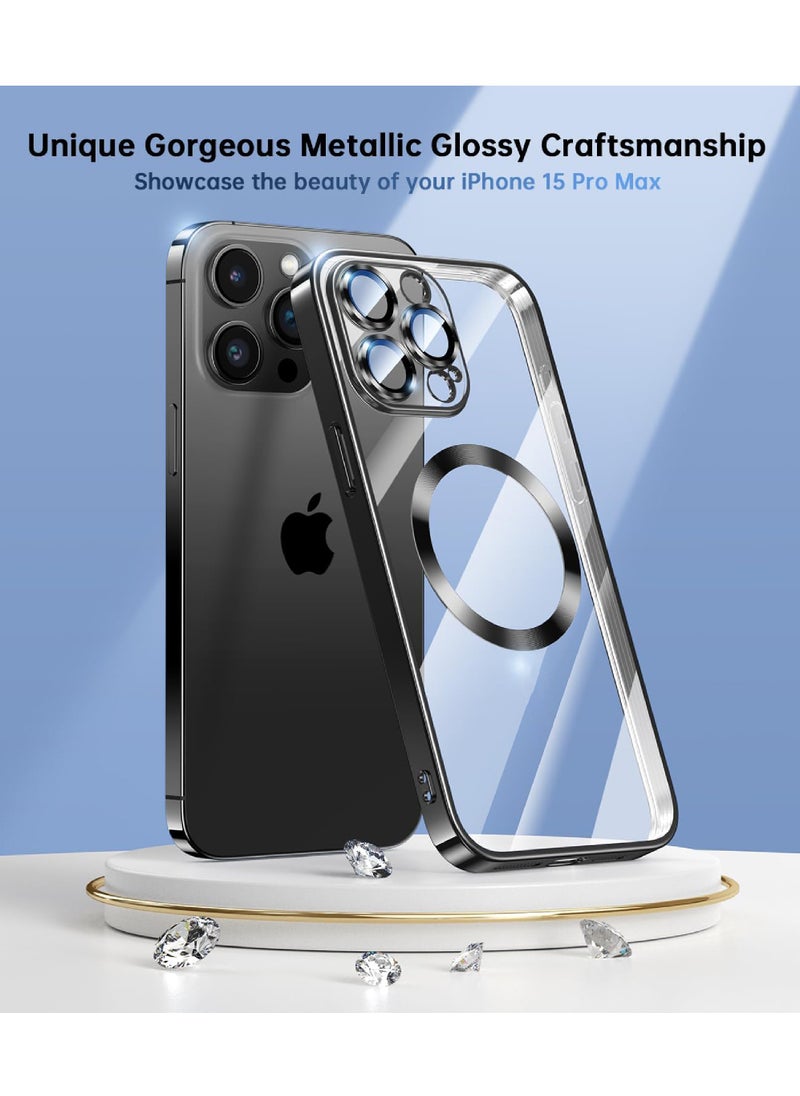 Rock Pow - For iPhone 15 Pro Max Case with Integrated Camera Lens Protection [Seamless Work with Magsafe] [Metallic Glossy Soft Bumper] Diamond Clear Stylish Case for iPhone 15 Pro Max Black Titanium - Image 1