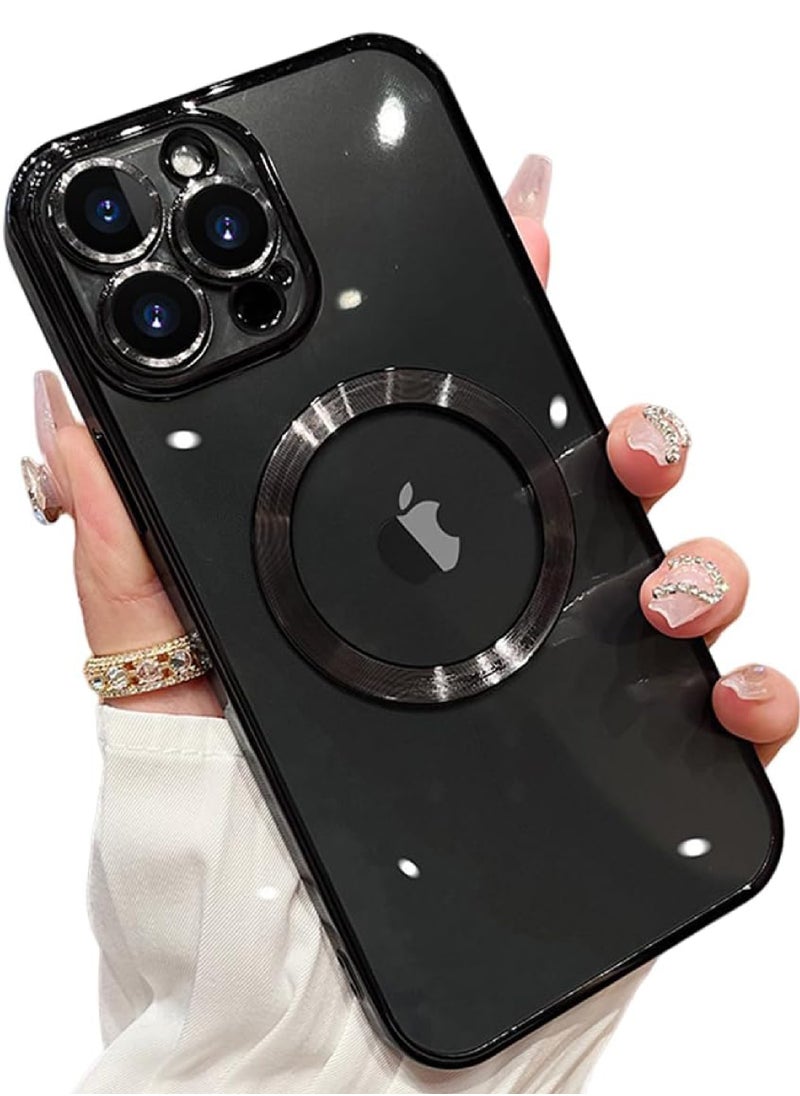 Rock Pow - For iPhone 15 Pro Max Case with Integrated Camera Lens Protection [Seamless Work with Magsafe] [Metallic Glossy Soft Bumper] Diamond Clear Stylish Case for iPhone 15 Pro Max Black Titanium - Image 1