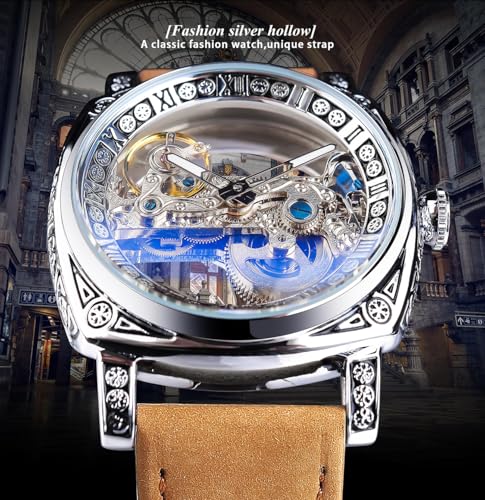 FORSINING Mens Luxury Square Carving Mechanical Watch Retro Totem Double Sided Hollow Skeleton SelfWind Automatic Watches Vintage Leather Strap Wristwatch Reloj para Hombre - Image 3