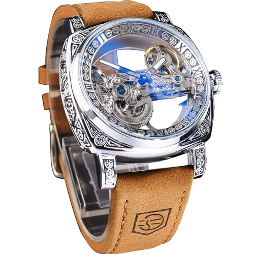 FORSINING Mens Luxury Square Carving Mechanical Watch Retro Totem Double Sided Hollow Skeleton SelfWind Automatic Watches Vintage Leather Strap Wristwatch Reloj para Hombre - Image 1