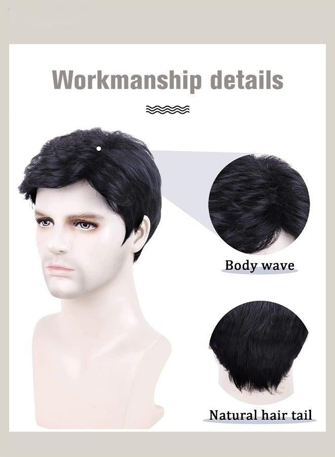 باروكة شعر رجالي قصير مجعد، ألياف صناعية طبيعية مقاومة للحرارة قابلة للتهوية مع فراق جانبي للرجال للارتداء اليومي والحفلات والأزياء التنكرية، لون أسود - Image 2