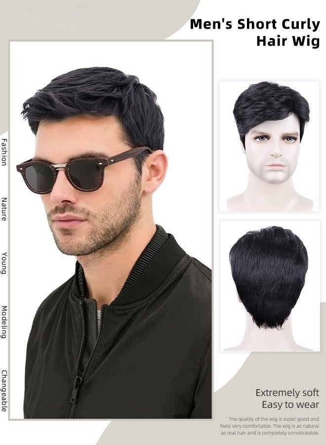 باروكة شعر رجالي قصير مجعد، ألياف صناعية طبيعية مقاومة للحرارة قابلة للتهوية مع فراق جانبي للرجال للارتداء اليومي والحفلات والأزياء التنكرية، لون أسود - Image 1