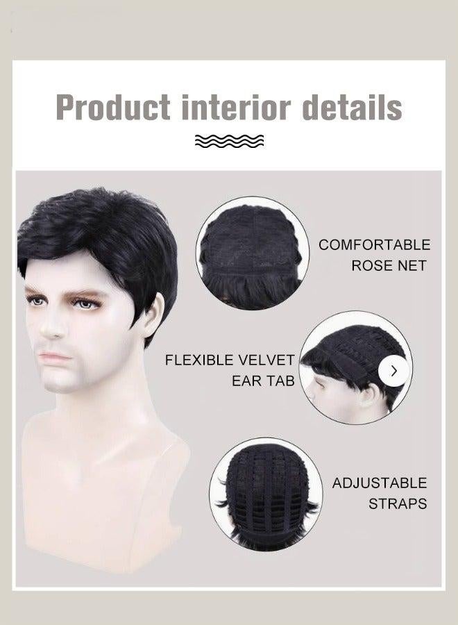 باروكة شعر رجالي قصير مجعد، ألياف صناعية طبيعية مقاومة للحرارة قابلة للتهوية مع فراق جانبي للرجال للارتداء اليومي والحفلات والأزياء التنكرية، لون أسود - Image 4