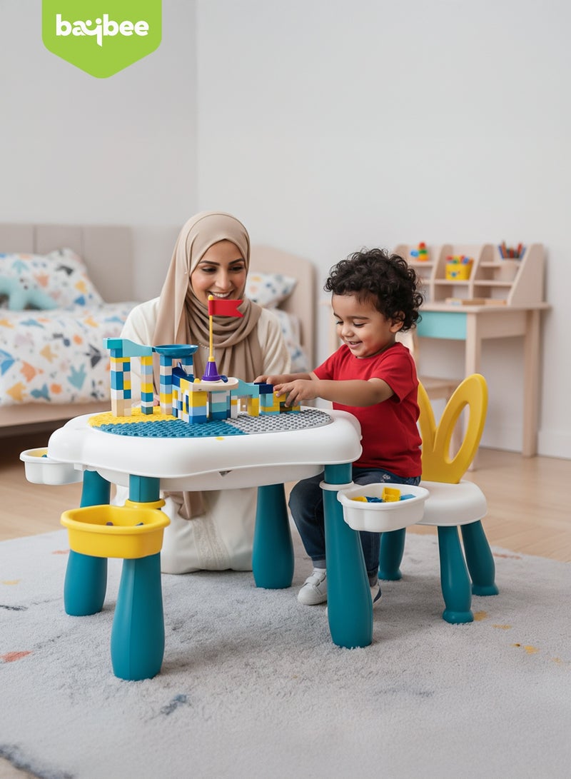 بيبي طقم طاولة دراسة وكرسي متعدد الأنشطة للأطفال مع مكعبات بناء كبيرة متوافقة مع طاولة اللعب ومكعبات البناء | طقم طاولة متعدد الأنشطة للأطفال | طاولة دراسة للأطفال باللون الأزرق - Image 5