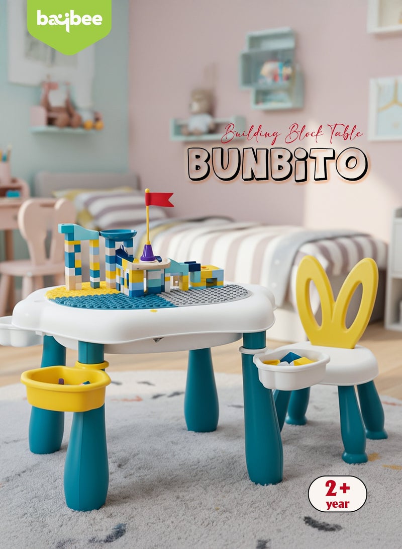 بيبي طقم طاولة دراسة وكرسي متعدد الأنشطة للأطفال مع مكعبات بناء كبيرة متوافقة مع طاولة اللعب ومكعبات البناء | طقم طاولة متعدد الأنشطة للأطفال | طاولة دراسة للأطفال باللون الأزرق - Image 2