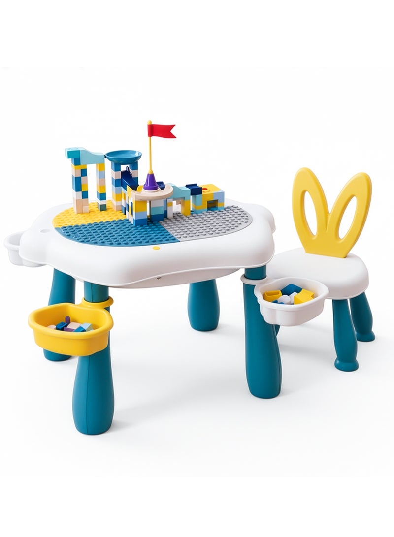 بيبي طقم طاولة دراسة وكرسي متعدد الأنشطة للأطفال مع مكعبات بناء كبيرة متوافقة مع طاولة اللعب ومكعبات البناء | طقم طاولة متعدد الأنشطة للأطفال | طاولة دراسة للأطفال باللون الأزرق - Image 1