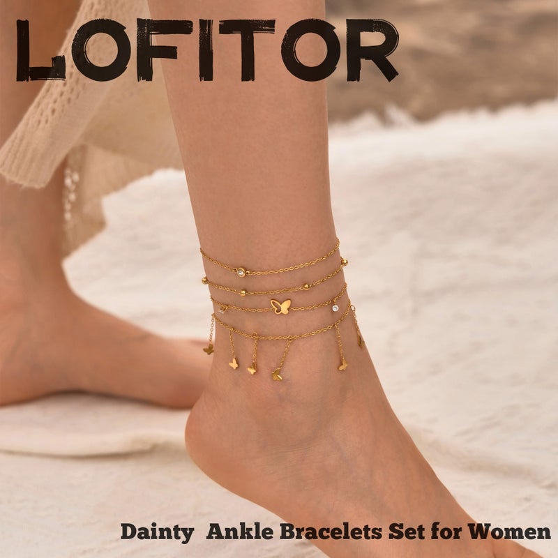 LOFITOR Gold Ankle Bracelets for Women Waterproof Dainty Gold Charm Link Chain Anklets Set for Women CZ Evil Eye Star Pearl Beaded Adjustable Anklets Beach Foot Jewelry Gifts Evil Eye - Image 2