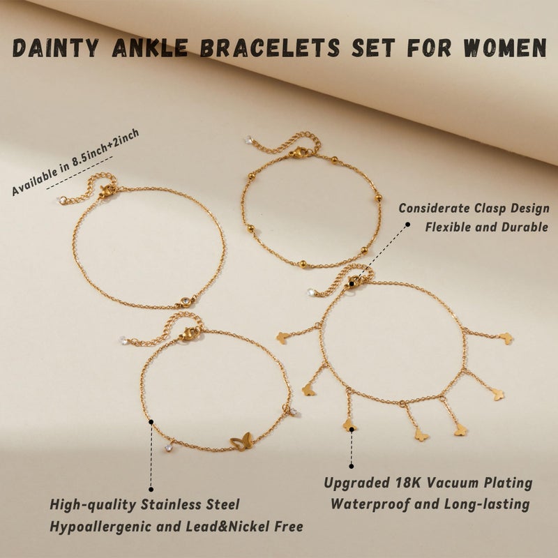 LOFITOR Gold Ankle Bracelets for Women Waterproof Dainty Gold Charm Link Chain Anklets Set for Women CZ Evil Eye Star Pearl Beaded Adjustable Anklets Beach Foot Jewelry Gifts Evil Eye - Image 3