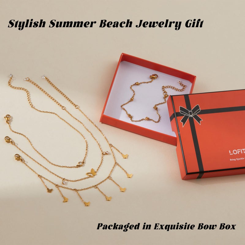 LOFITOR Gold Ankle Bracelets for Women Waterproof Dainty Gold Charm Link Chain Anklets Set for Women CZ Evil Eye Star Pearl Beaded Adjustable Anklets Beach Foot Jewelry Gifts Evil Eye - Image 5