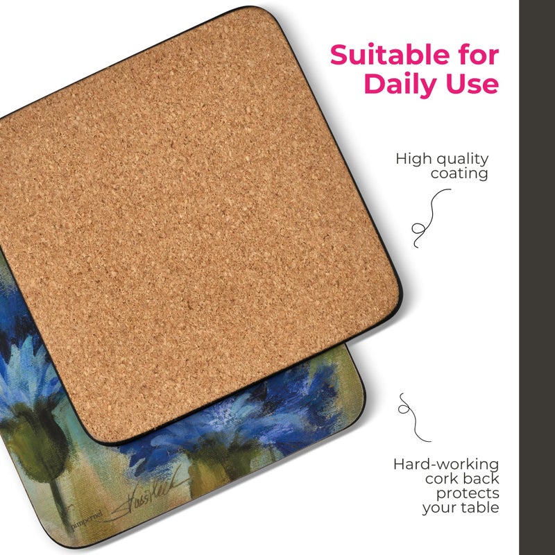 Pimpernel Fleurs des Champs Collection Coasters, Set of 4 â€“ 4" Square, Cork-Backed Boards with Blue & White Cornflower Artwork, Lacquered Surface, Heat & Stain Resistant Drink Mats for Dining - Image 5