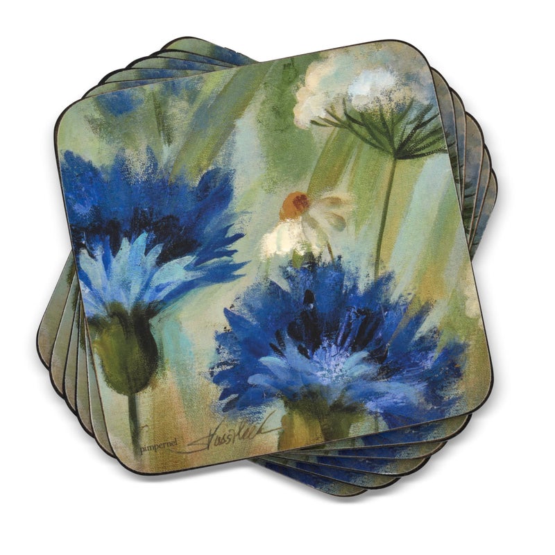 Pimpernel Fleurs des Champs Collection Coasters, Set of 4 â€“ 4" Square, Cork-Backed Boards with Blue & White Cornflower Artwork, Lacquered Surface, Heat & Stain Resistant Drink Mats for Dining - Image 1