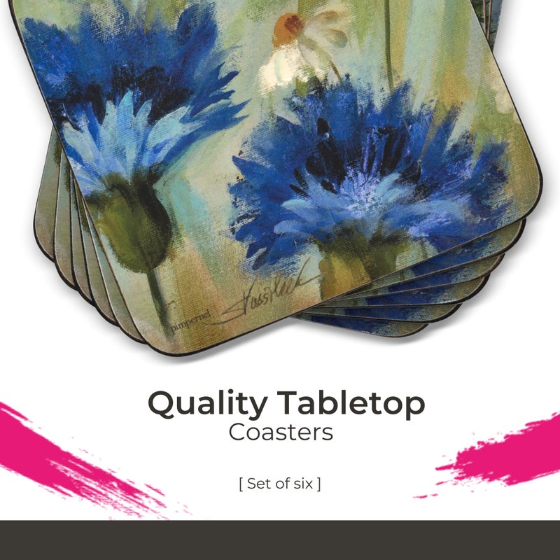 Pimpernel Fleurs des Champs Collection Coasters, Set of 4 â€“ 4" Square, Cork-Backed Boards with Blue & White Cornflower Artwork, Lacquered Surface, Heat & Stain Resistant Drink Mats for Dining - Image 2