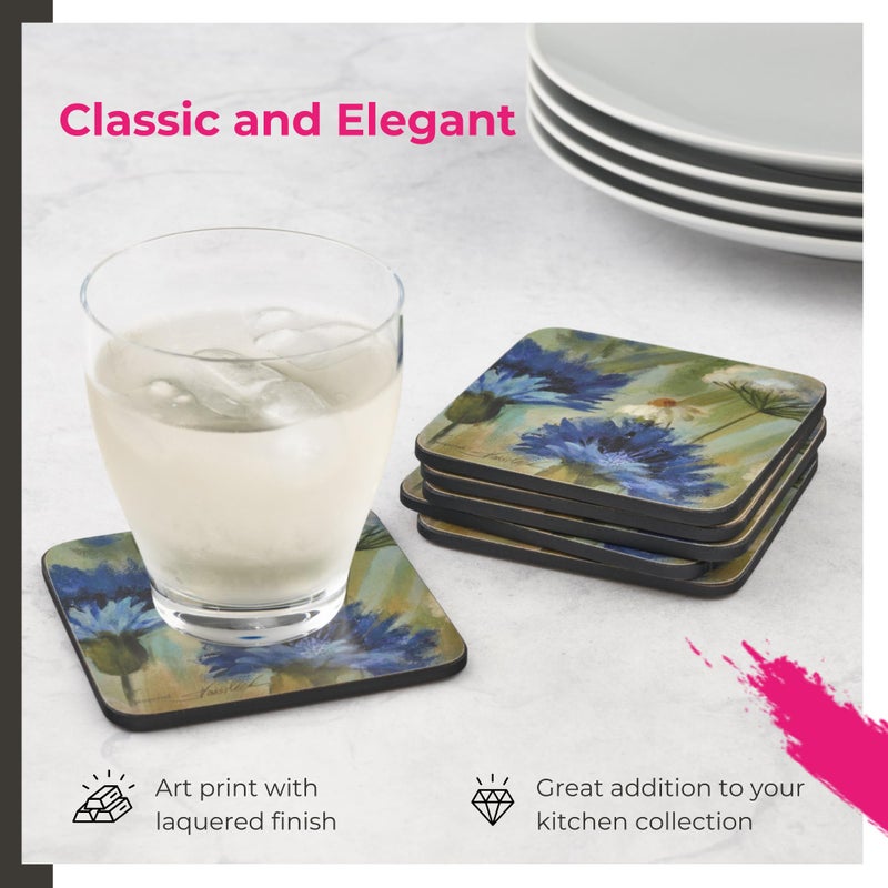 Pimpernel Fleurs des Champs Collection Coasters, Set of 4 â€“ 4" Square, Cork-Backed Boards with Blue & White Cornflower Artwork, Lacquered Surface, Heat & Stain Resistant Drink Mats for Dining - Image 3