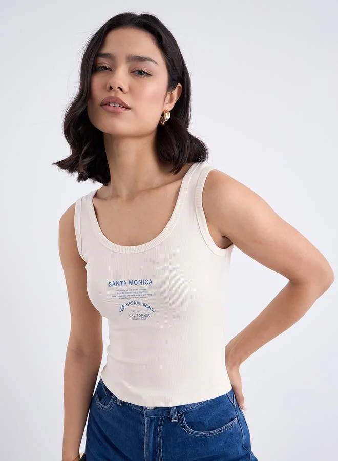 Styli Styli Off White Fitted Ribbed Tank