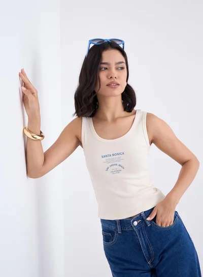 Styli Off White Fitted Ribbed Tank