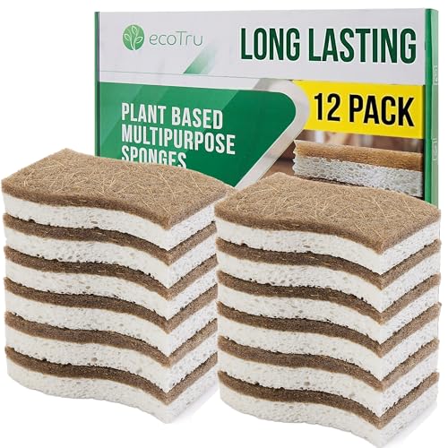 ecotru 12 Pack Natural Kitchen Sponges, Compostable White Cellulose & Organic Coconut Scrubber Sponge for Washing Dishes, Kind Eco Friendly Non Toxic & Biodegradable Dishwashing Sponges - Image 1
