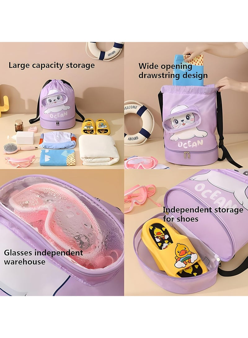 CMGTYYD. حقيبة ظهر للسباحة الجافة المبللة للسباحين، حقيبة ظهر رياضية للسباحة، حقيبة ظهر رياضية للسباحة، حقيبة ظهر رياضية للسباحة مقاومة للماء برباط، حقيبة ظهر رياضية للحيوانات الكرتونية اللطيفة باللون الأرجواني الفاتح، للسباحة والصالة الرياضية ومعدات التمرين - Image 3