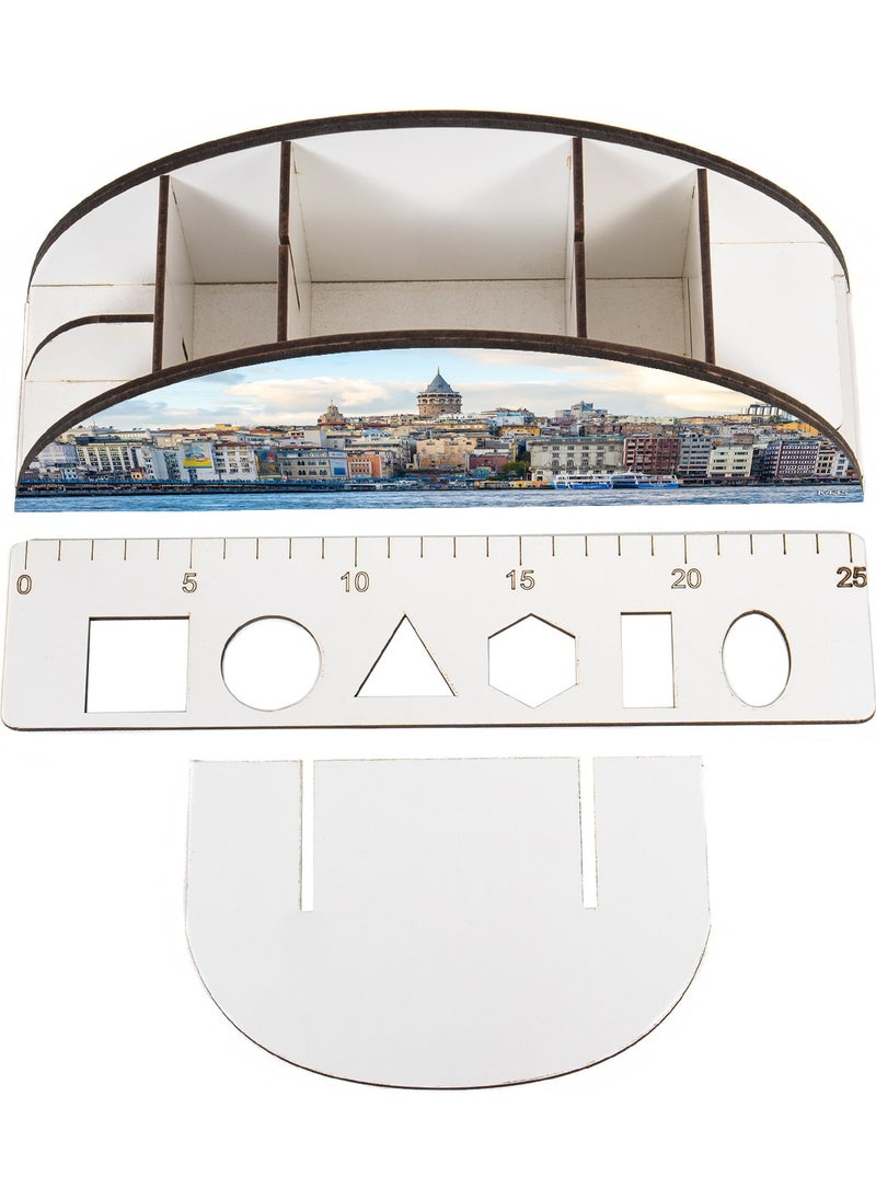 KutuTR Wooden Vip Istanbul Model Rainbow Ruler Desktop Pen Holder Organizer with Mounted Box  - Image 3