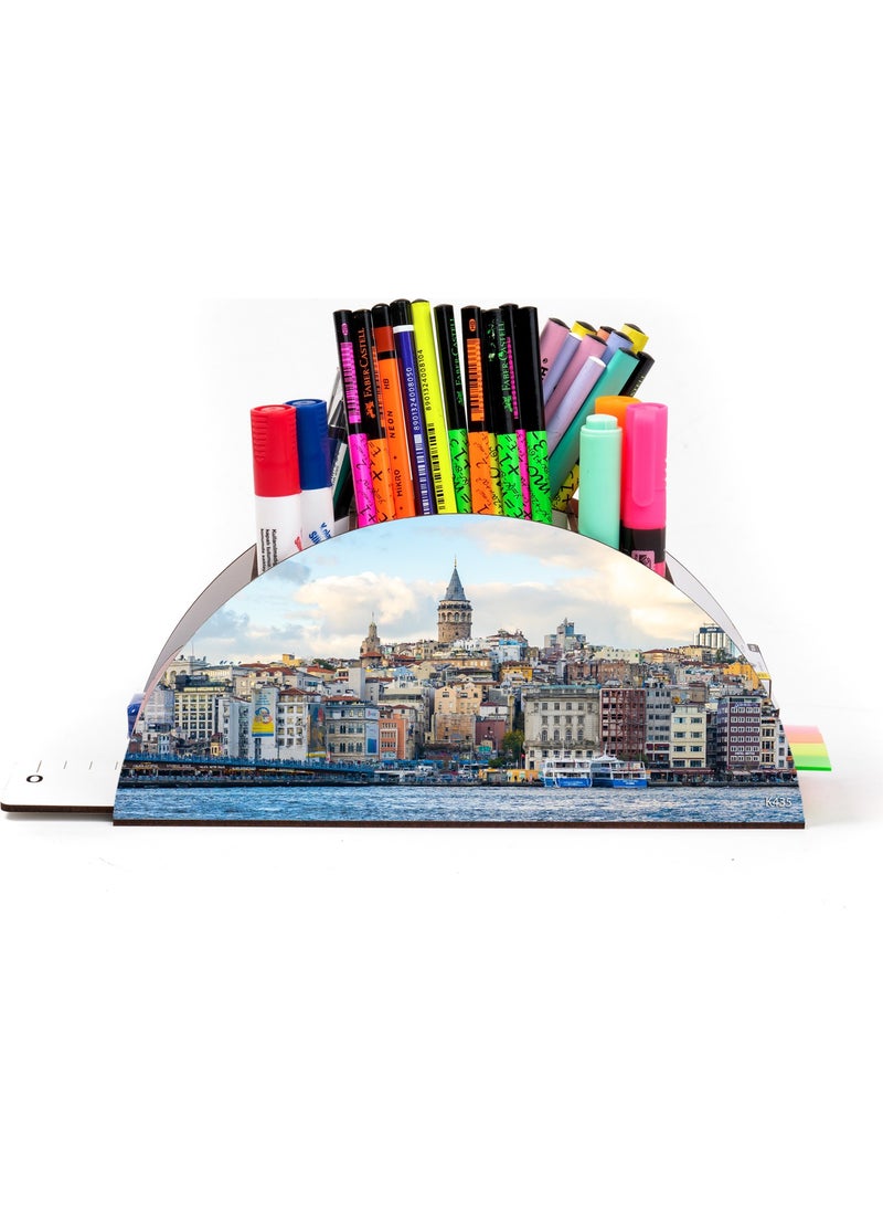 KutuTR Wooden Vip Istanbul Model Rainbow Ruler Desktop Pen Holder Organizer with Mounted Box  - Image 2
