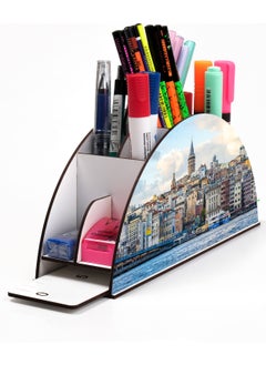 KutuTR Wooden Vip Istanbul Model Rainbow Ruler Desktop Pen Holder Organizer with Mounted Box  - Image 1