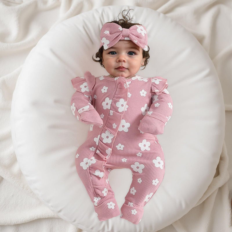 allshope Infant Baby Girl Fall Outfit Sweatshirt Romper Floral Print Long Sleeve Jumpsuit Newborn Waffle Clothes (Color Pink, Newborn) - Image 2