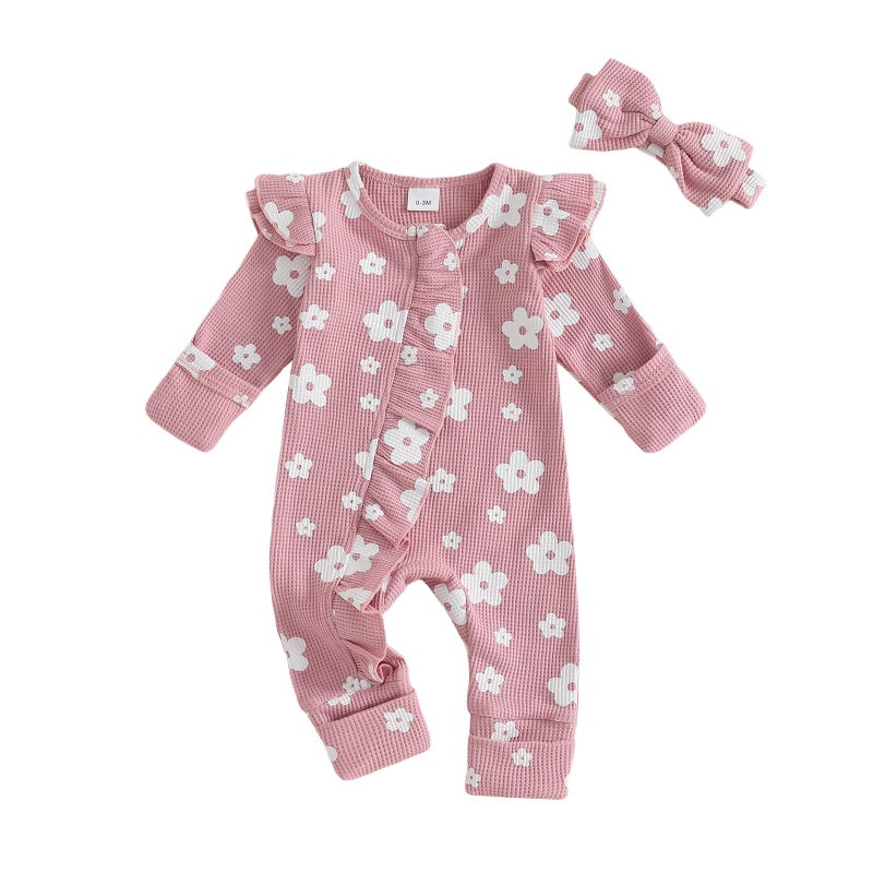 allshope Infant Baby Girl Fall Outfit Sweatshirt Romper Floral Print Long Sleeve Jumpsuit Newborn Waffle Clothes (Color Pink, Newborn) - Image 1