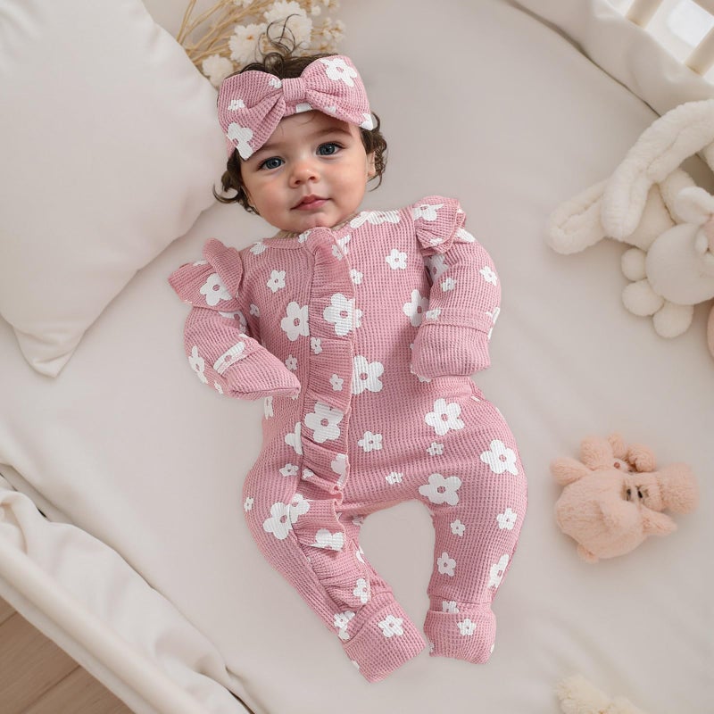 allshope Infant Baby Girl Fall Outfit Sweatshirt Romper Floral Print Long Sleeve Jumpsuit Newborn Waffle Clothes (Color Pink, Newborn) - Image 4