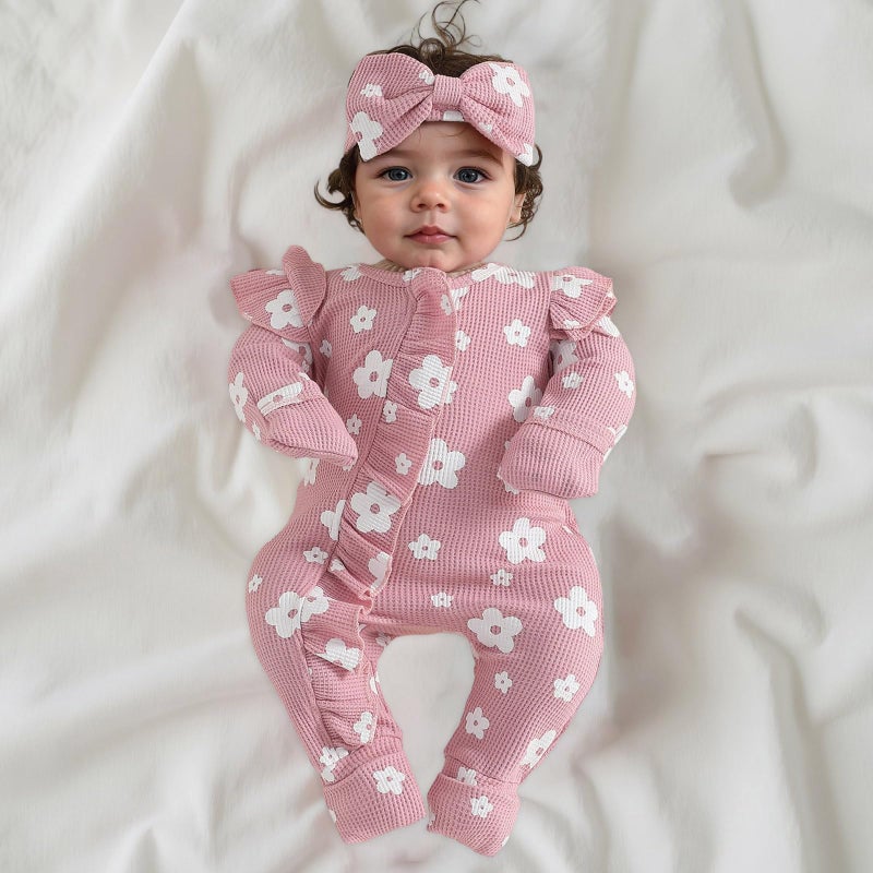 allshope Infant Baby Girl Fall Outfit Sweatshirt Romper Floral Print Long Sleeve Jumpsuit Newborn Waffle Clothes (Color Pink, Newborn) - Image 3