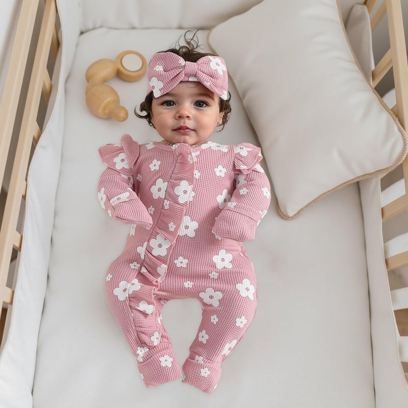 allshope Infant Baby Girl Fall Outfit Sweatshirt Romper Floral Print Long Sleeve Jumpsuit Newborn Waffle Clothes (Color Pink, Newborn) - Image 5