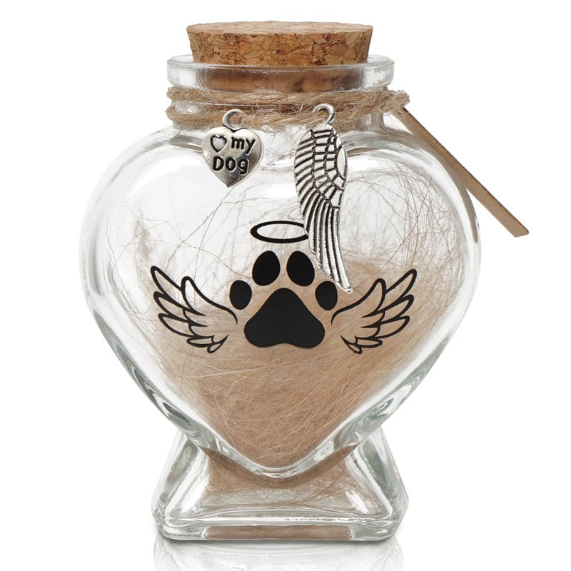 HAMUIERS Pet Memorial Gift for Loss of Dog or Cat, Heart Shape Glass Jar & Bottle for Fur, Hair, Whiskers or Ashes Keepsake Urn with Cork Top, Charms for Cute Rainbow Bridge Memorial, Dog - Image 1