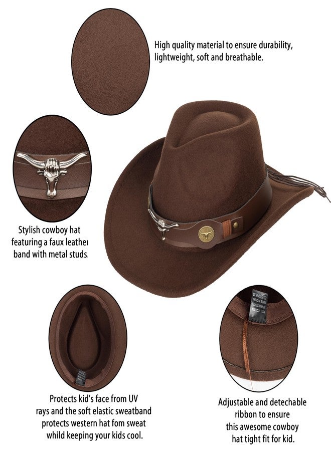 Mealah Western Cowboy Cowgirl Hat for Kids Boys Girls Felt Fedora Hats (for Kids 3-6 Years) (US, Age, 4 Years, 8 Years, Coffee with Bull Head Belt) - Image 3