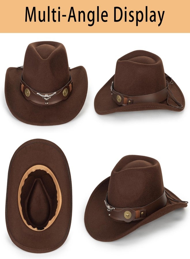 Mealah Western Cowboy Cowgirl Hat for Kids Boys Girls Felt Fedora Hats (for Kids 3-6 Years) (US, Age, 4 Years, 8 Years, Coffee with Bull Head Belt) - Image 4