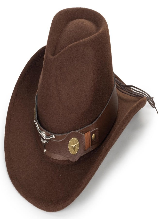 Mealah Western Cowboy Cowgirl Hat for Kids Boys Girls Felt Fedora Hats (for Kids 3-6 Years) (US, Age, 4 Years, 8 Years, Coffee with Bull Head Belt) - Image 1