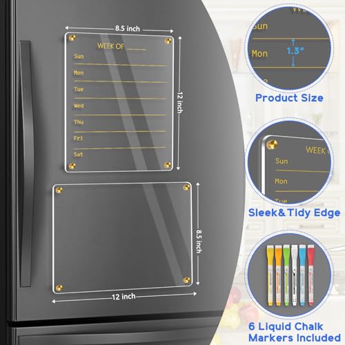 WALGLASS Acrylic Calendar for Fridge, 8.5"x11" Gold Weekly Clear Acrylic Magnetic Dry Erase Board for Refrigerator, Set of 2 Stronger-Magnetic Reusable Fridge Planner, Includes 8 Liquid Chalk Markers - Image 2
