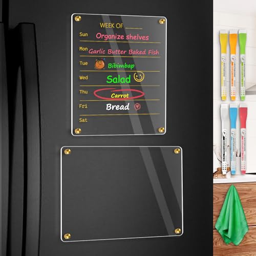 WALGLASS Acrylic Calendar for Fridge, 8.5"x11" Gold Weekly Clear Acrylic Magnetic Dry Erase Board for Refrigerator, Set of 2 Stronger-Magnetic Reusable Fridge Planner, Includes 8 Liquid Chalk Markers - Image 1
