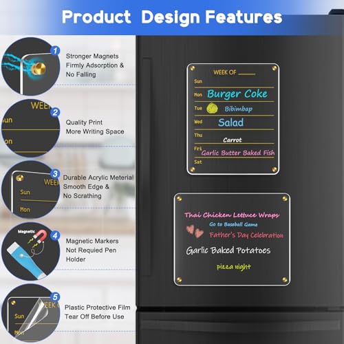 WALGLASS Acrylic Calendar for Fridge, 8.5"x11" Gold Weekly Clear Acrylic Magnetic Dry Erase Board for Refrigerator, Set of 2 Stronger-Magnetic Reusable Fridge Planner, Includes 8 Liquid Chalk Markers - Image 3