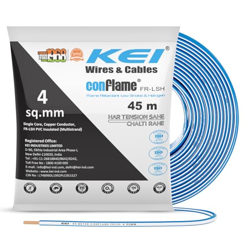 KEI CONFLAME FRLSH 4 sqmm 1 Core Copper Heat Resistant Flame Retardant Low Smoke & Halogen - Lead Free House Wire for Domestic & Industrial Electrical Wiring (Blue, 45 Meters) - Image 1