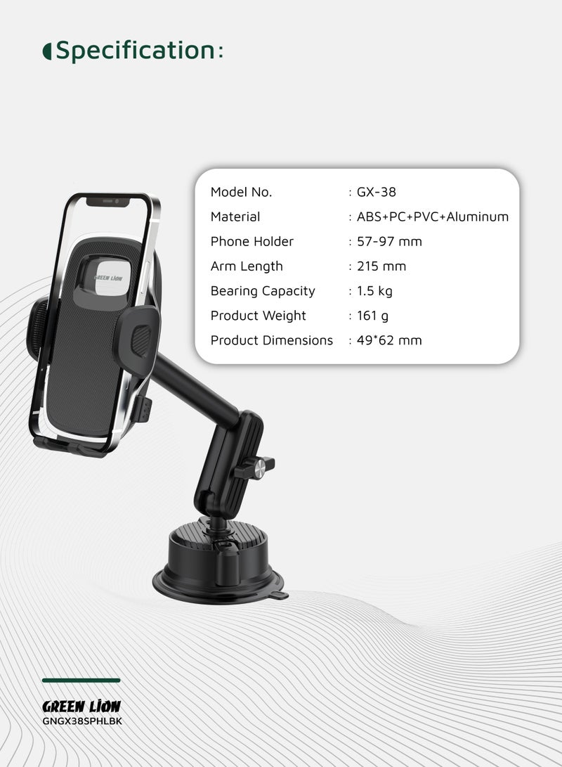 GREEN LION GX-38 Suction Phone Holder with 3 Axis Adjustment & Swivel Lock Base / Washable Suction Cup / Easy-Press Open & Close / Aluminum Alloy Rod / 360° Rotation - Black - Image 4