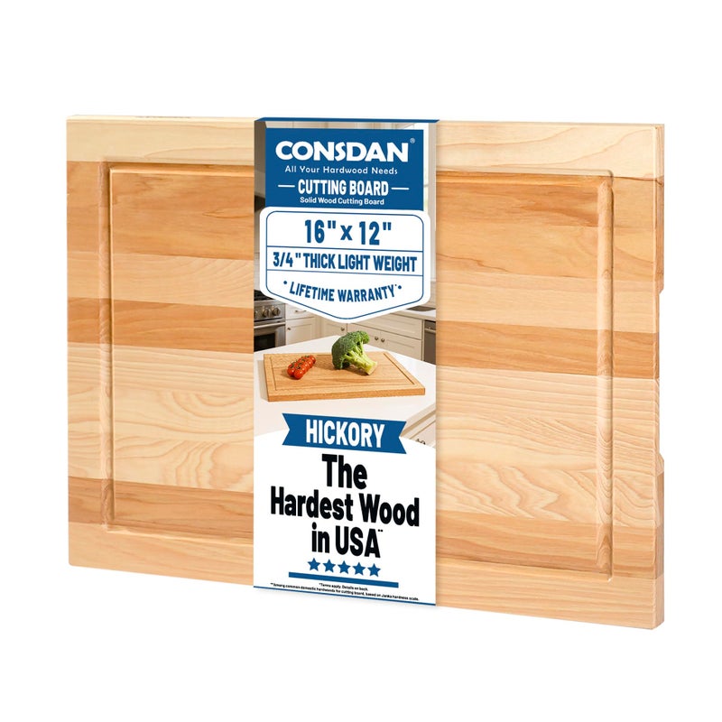 CONSDAN Wood Cutting Board for Kitchen, 16 x 12, USA Grown Solid Hickory Hardwood, Edge Grain, Chopping Board, Butcher Block with Juice Groove, Prefinished with Food-Safe Oil, 3/4" Thick - Image 1