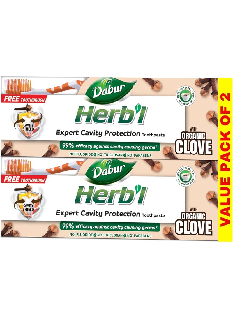 دابر معجون أسنان دابور العشبي بخلاصة القرنفل لحماية التسوس، 150 جم + فرشاة أسنان (عبوة من قطعتين) - Image 1
