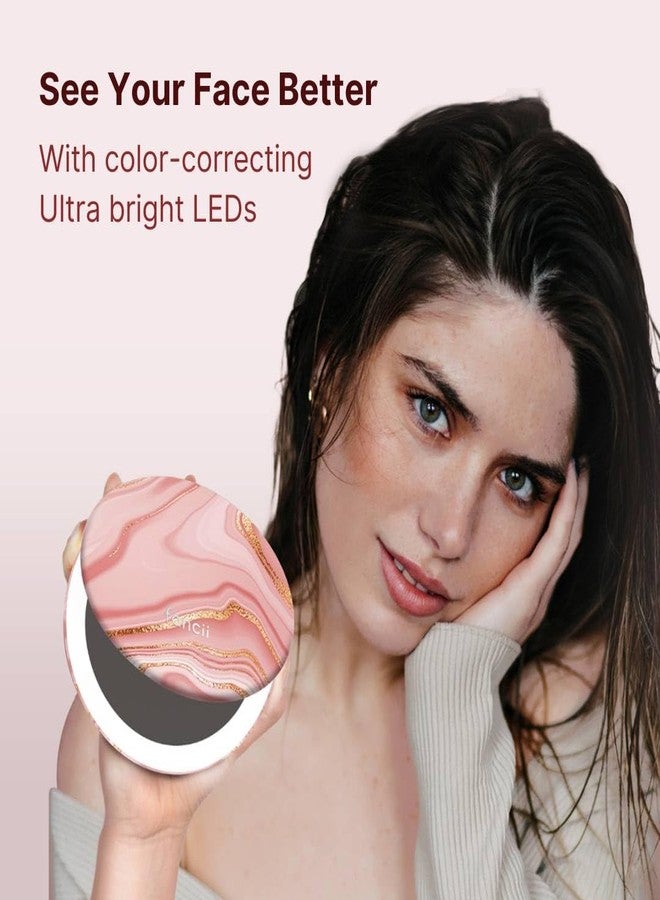 Fancii Taylor LED Lighted Travel Makeup Mirror, Rechargeable, 10x /1x Magnifying, Tru-Glow Lighting System, XL Large 5” Wide | Compact Mirror for Purses (Marble Rose) - Image 5